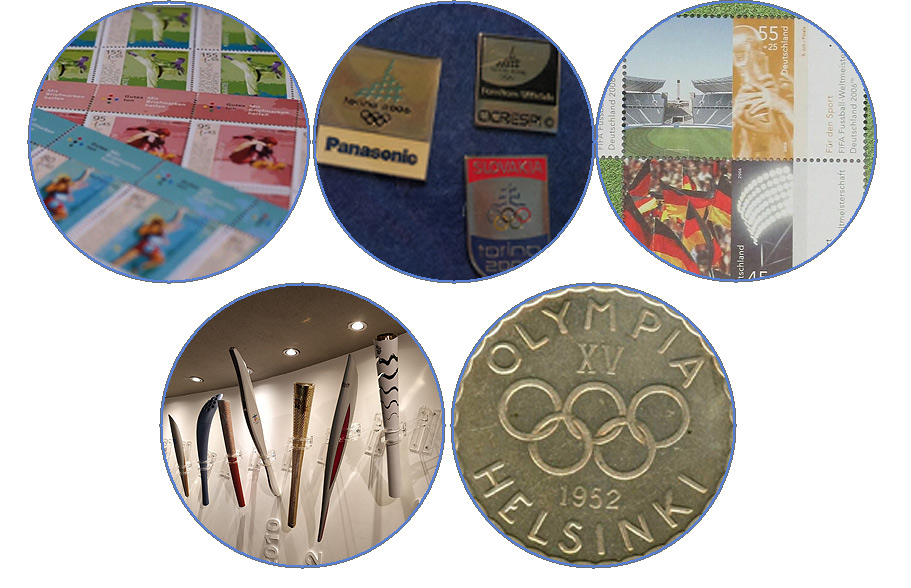 Sammler von Briefmarken, Pins, Fackeln, Münzen zum Thema Olympiaden und Sport